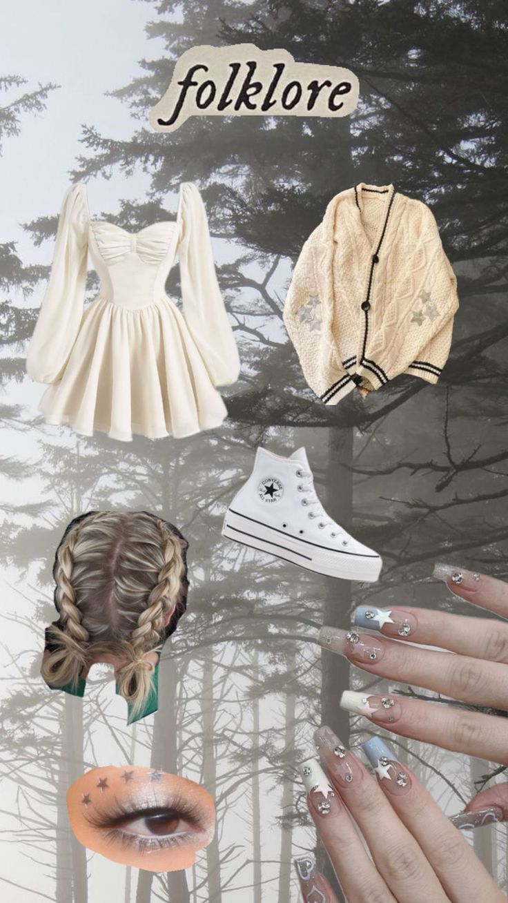 a collage of different types of clothing and nails with trees in the back ground