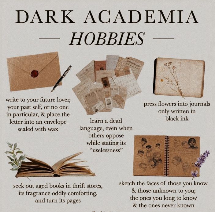 an advertisement for dark academia hobbies, with pictures and text on it