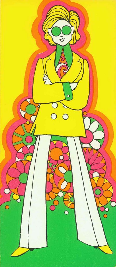 a drawing of a woman with her arms crossed in front of flowers and plants on a yellow background