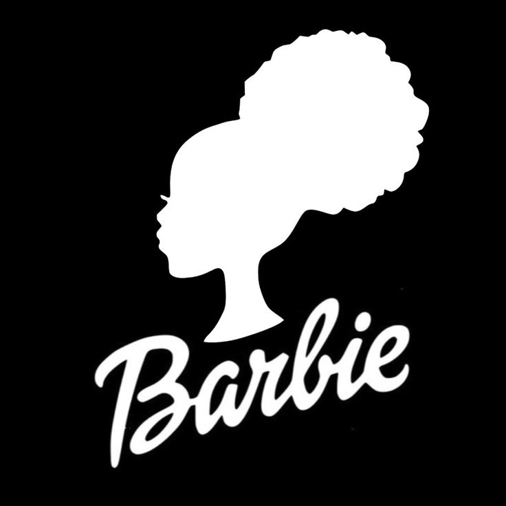 the word barbie written in white on a black background with a silhouette of a woman's head