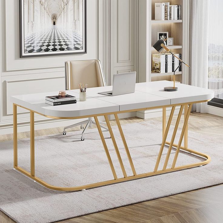 a white and gold office desk in an elegant living room with bookshelves on the wall