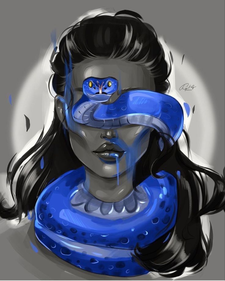 a digital painting of a woman with a snake around her neck and eyes painted in blue