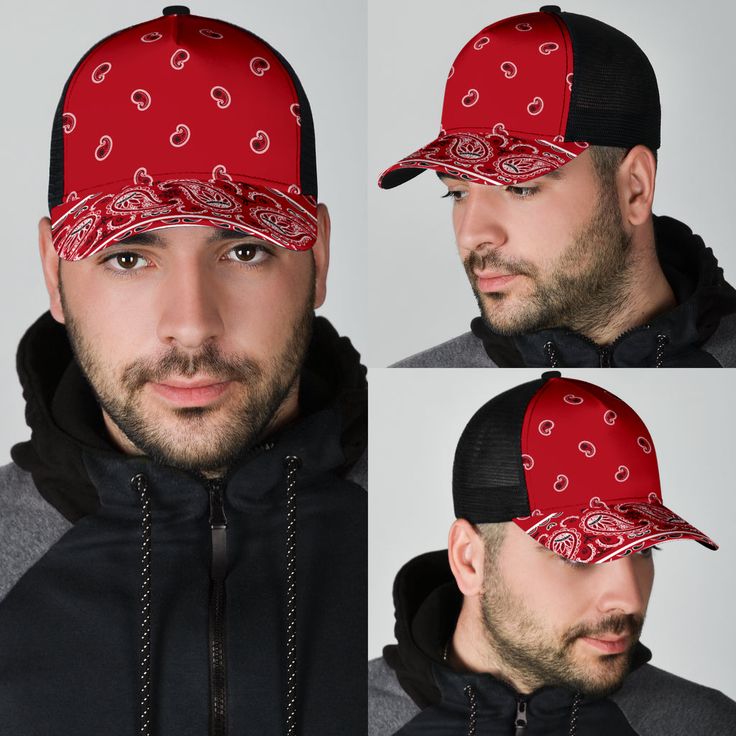 three pictures of a man wearing a red bandana on his face and in front of the same hat