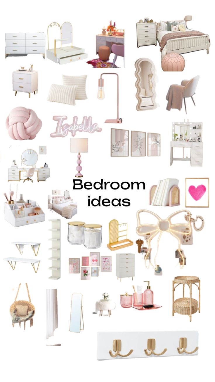 a collage of white and pink bedroom furniture with the words bed room ideas above it