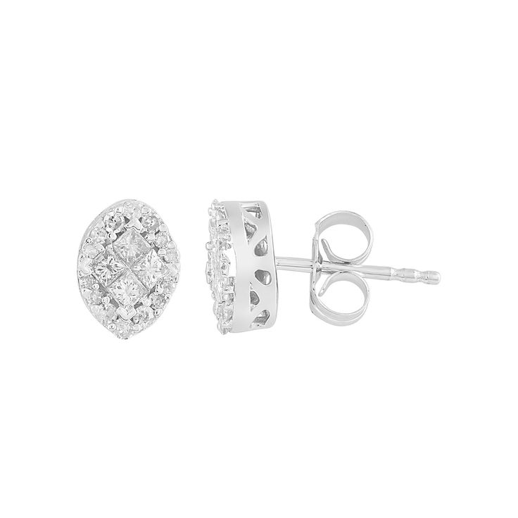 These gorgeous 10k white gold diamond oval earrings are a must-add to your fine jewelry collection. These gorgeous 10k white gold diamond oval earrings are a must-add to your fine jewelry collection. Backings: post Metal: 10k white gold Finish: polished Packaging: boxedDIAMOND DETAILS Total weight: 3/8 ct. Shape: princess cut, round Setting: pave Diamond weights are approximate. Diamond total weights may vary between .01 and .08 ct. Some diamonds have fewer than 17 facets. Gemstones may have bee White Marquise Cut Diamond Earrings With Accents, White Gold Marquise Cut Earrings With Diamond Accents, Oval Diamond Earrings In Pave Setting, Oval Diamond Earrings With Pave Setting In White Gold, Elegant Oval Diamond Cluster Earrings, Oval Diamond Earrings Fine Jewelry, Oval Brilliant Cut Diamond Earrings, Classic Marquise Cut White Gold Diamond Earrings, Oval Diamond Cluster Earrings For Formal Events