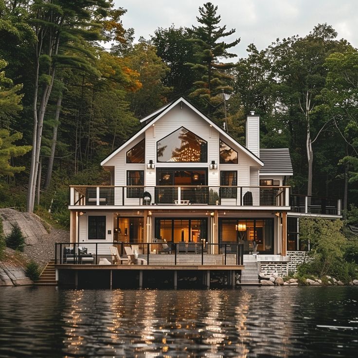 a large house sitting on top of a lake next to a lush green forest covered hillside