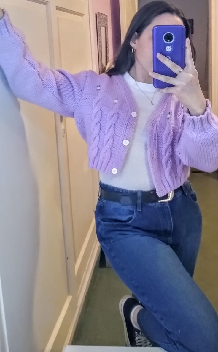 Purple Cropped Cardigan Outfit, Periwinkle Cardigan Outfit, Cardigan Outfit Purple, Light Purple Cardigan Outfits, Blue Cardigan Outfit Aesthetic, Lavender Cardigan Outfit, Lilac Sweater Outfit, Lilac Cardigan Outfit, Small Cardigan Outfit