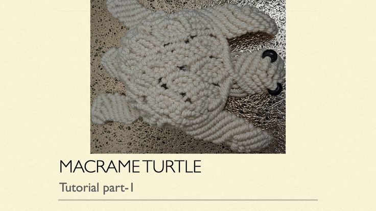 a crocheted stuffed animal laying on the ground with text overlay that reads macrame turtle