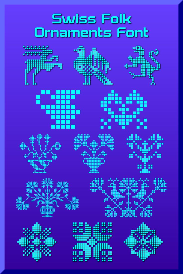 an image of some type of pixellated objects in blue and purple colors with the words swiss folk ornaments font