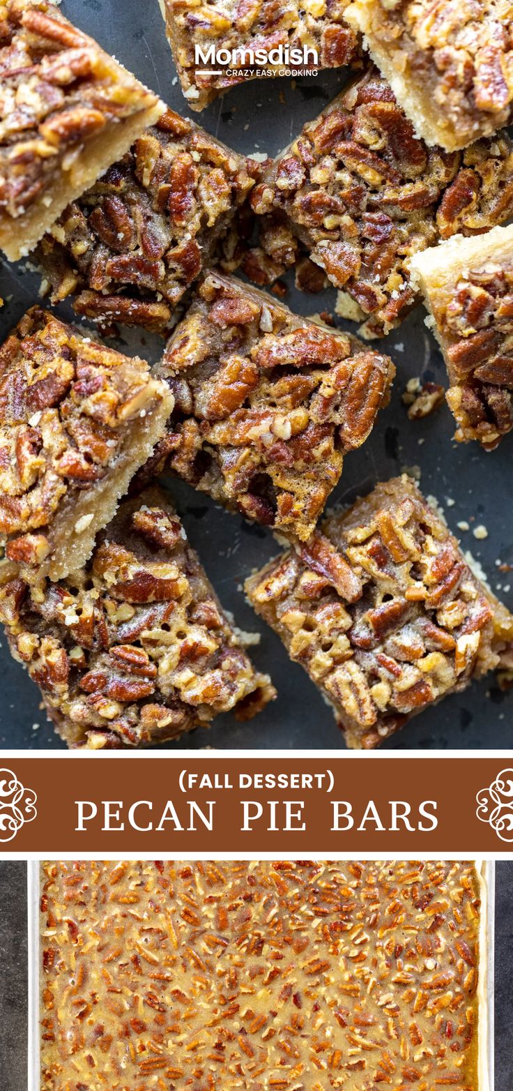 pecan pie bars cut into squares and stacked on top of each other