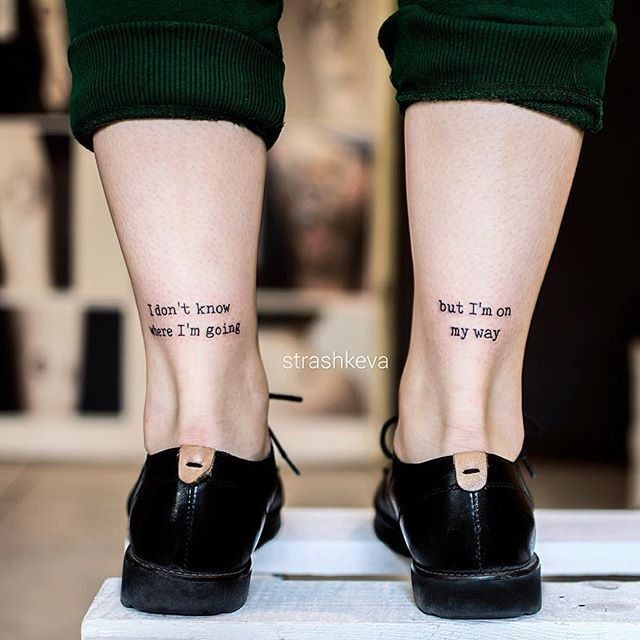 the legs and ankles of a woman with tattoos on her feet, both saying i can't know but i'm go to my people