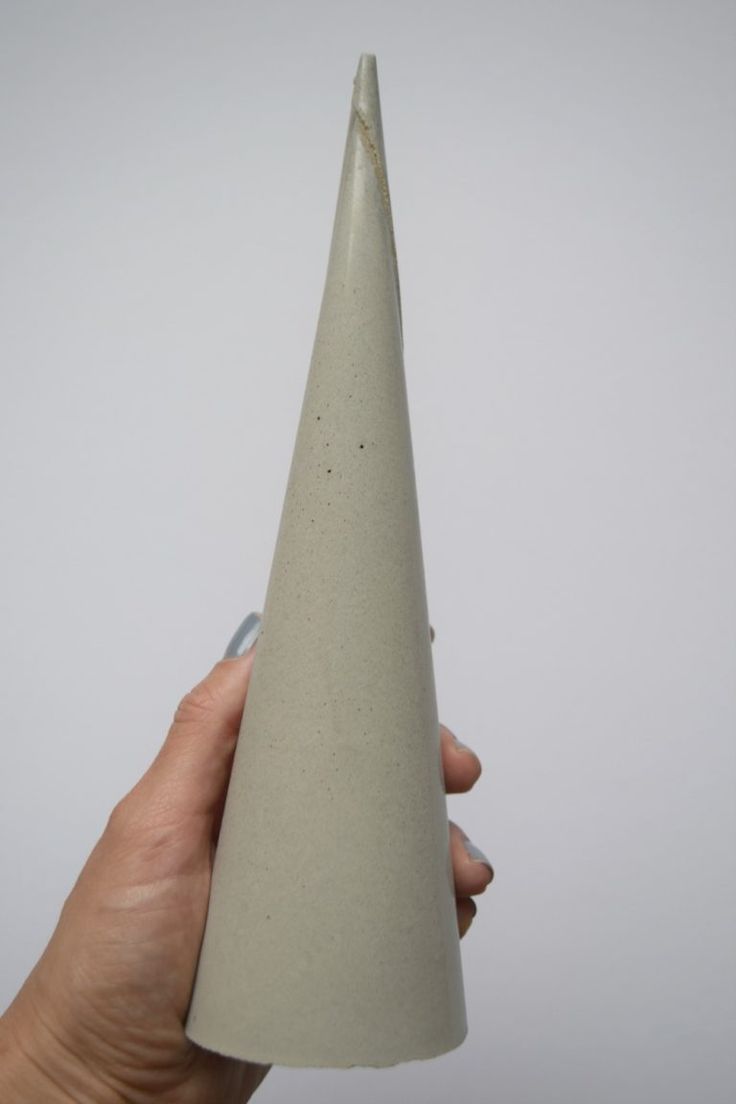 a hand holding a white cone shaped object in it's right hand, against a gray background