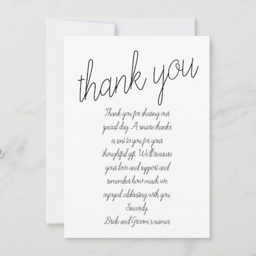 a white thank card with the words thank you written in cursive writing on it