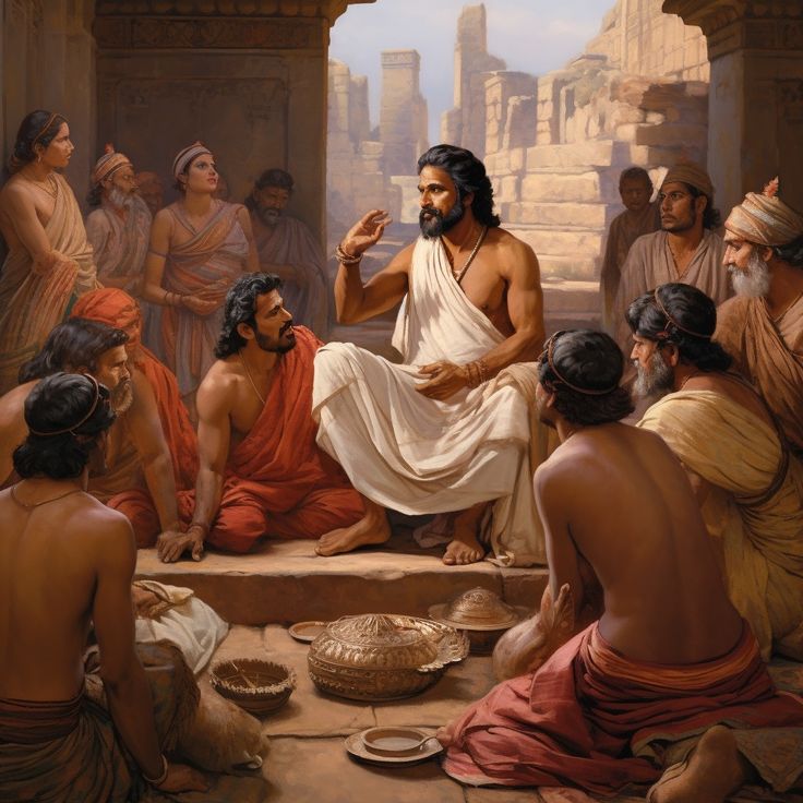 a painting of jesus talking to the people in front of him and other men around him