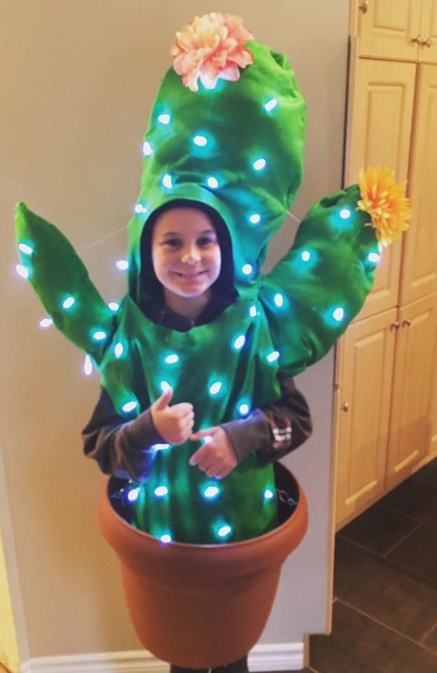 a young child dressed as a potted plant with lights on it's head