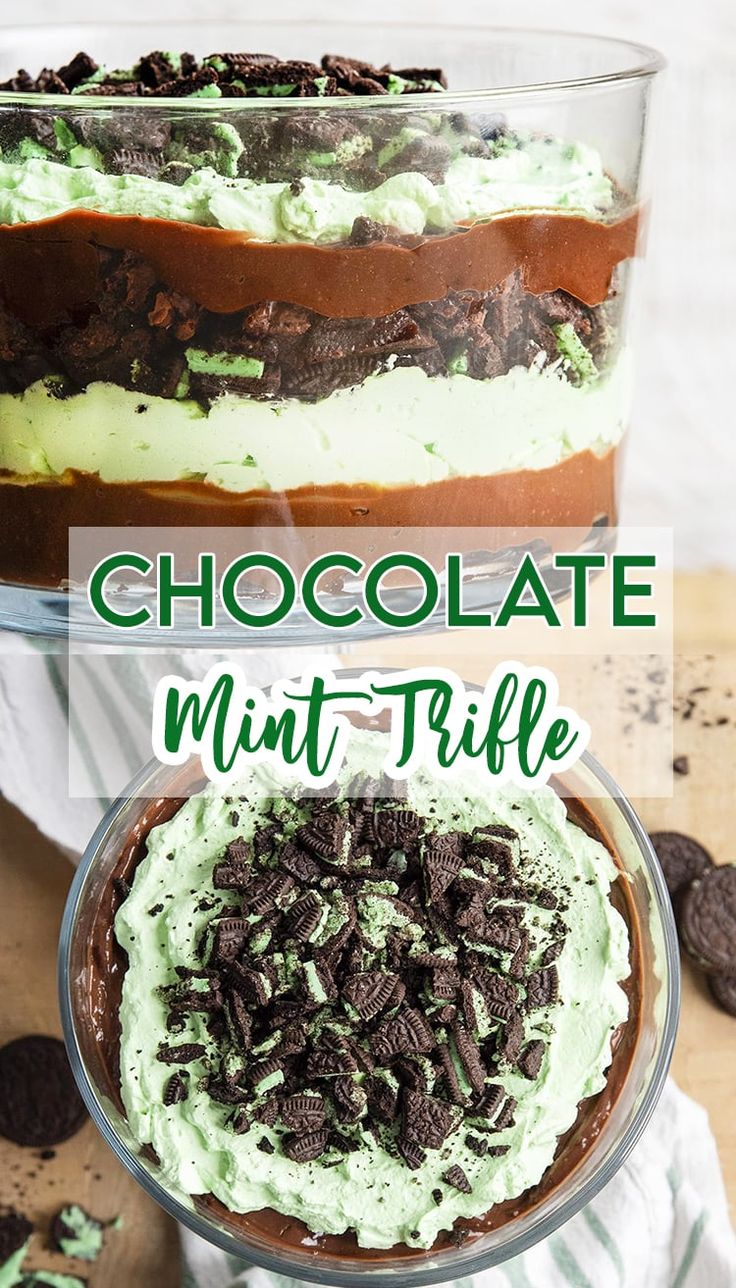 chocolate mint trifle layered dessert in a glass dish with oreo cookies on the side