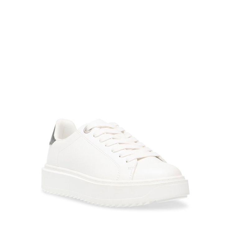 Sport an interesting look with these women's Steve Madden Chunky casual sneakers. Donning synthetic upper with lace-up front, these lace-up sneakers have padded collar and tongue, signature-detailed footbed, contrasting heel patch with patterns and supportive outsole with chunky platform. | Steve Madden Women's Catcher Platform Sneaker in White/Black Size 5. 5 Medium White Lace-up Sneakers With Textured Sole, White Chunky Lace-up Sneakers With Textured Sole, Trendy Lace-up Wedge Sneakers With Rubber Sole, Trendy Lace-up Wedge Sneakers With White Sole, White Synthetic Chunky Sneakers With Perforated Toe Box, Trendy Platform Sneakers With Studded Outsoles For Sports, Studded Lace-up High-top Sneakers For Sports, Low-top Sneakers With Textured Sole For Streetwear, Low-top Streetwear Sneakers With Textured Sole