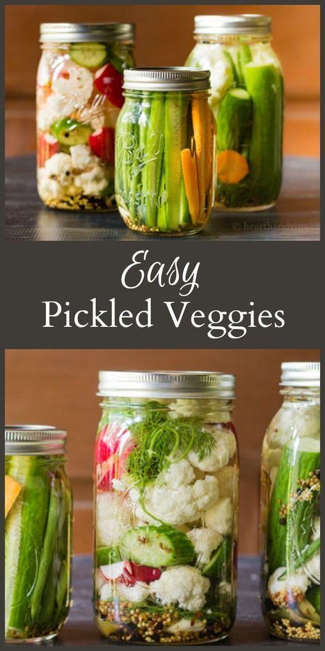 mason jars filled with pickled veggies and vegetables