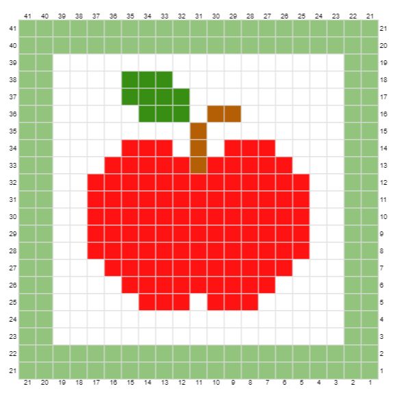 a cross stitch pattern with an apple on the front and bottom, in green and red