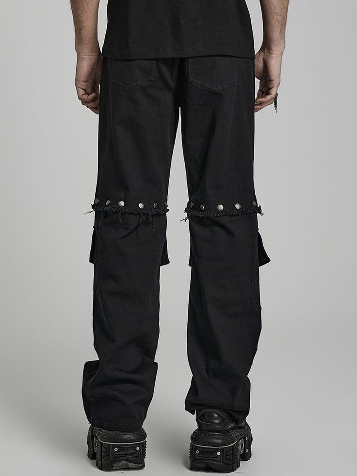 The price is for a pair of pants only, others are not included.  1. Made of twill denim with shiny twill  2. Personalized segmentation.  3. Detachable leg sleeves are connected by snap buttons, and can be worn as shorts.  4. Below-the-knee patch pockets are functional and decorative.  5. Eyelet webbing for heavy industrial punk.  Garment Size   	 		 			Size 			S 			M 			L 			XL 			2XL 			3XL 			4XL 			5XL 		 		 			Length 			111 			112 			113 			114 			115 			116 			117 			118 		 		 			Waist 			8 Punk Style Bottoms With Five Pockets For Streetwear, Urban Cotton Bottoms For Concert, Punk Style Streetwear Pants With Five Pockets, Punk Style Pants With Five Pockets For Streetwear, Edgy Cotton Cargo Jeans With Belt Loops, Grunge Straight Leg Bottoms With Belt Loops, Punk Style Straight Leg Bottoms For Concert, Punk Straight Leg Bottoms For Alternative Fashion, Gothic Straight Leg Jeans For Streetwear