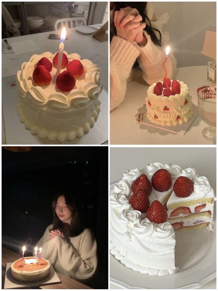 four different pictures of cakes with candles and strawberries on them, one woman is holding her hand up to the cake