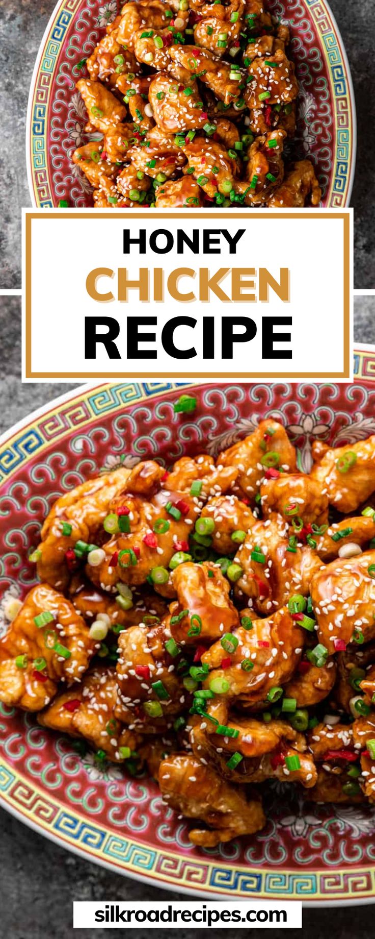 honey chicken recipe on a red and blue plate