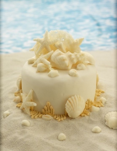 a cake with white frosting and seashells on the sand at the beach