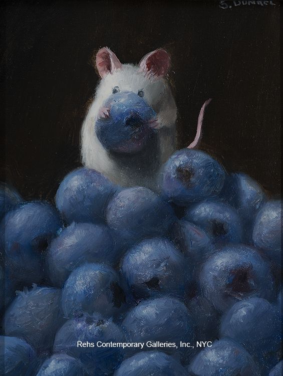 a painting of a mouse sitting on top of blueberries