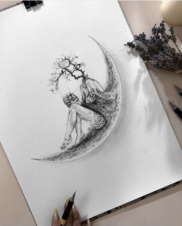 a drawing of a woman sitting on the moon