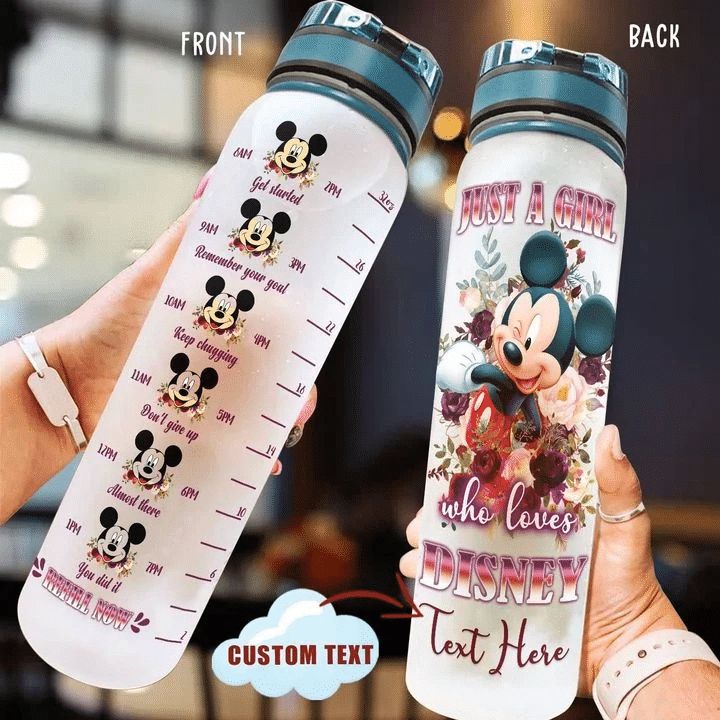 two water bottles with mickey and minnie mouse on them, one is for the first time