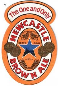 the new castle brown ale logo is shown in yellow and blue, with an image of a