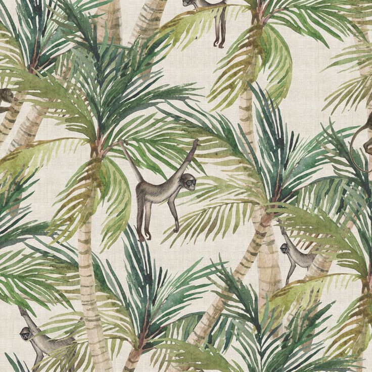 monkeys and palm trees are featured in this tropical wallpaper design, which is available in various sizes and colors