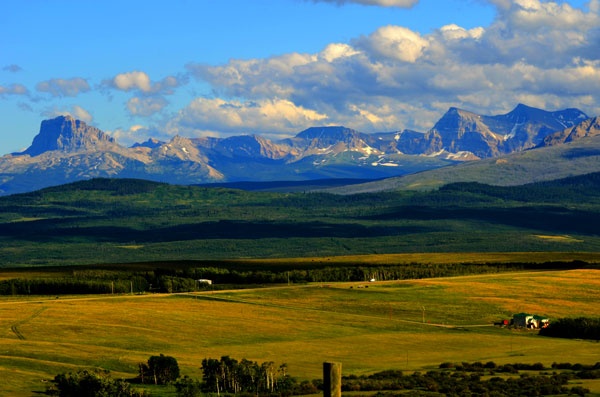 the mountains are covered in snow and green grass, as seen from an open field