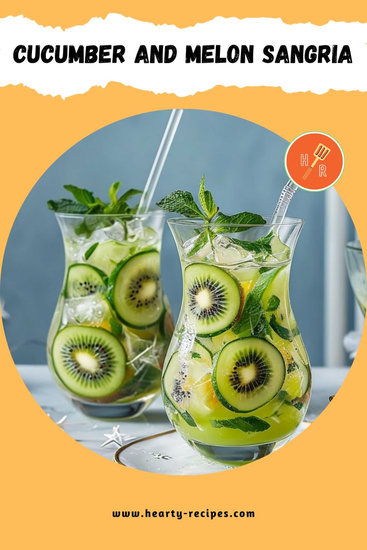 cucumber and melon sangria in pitchers with mint leaves on the rim