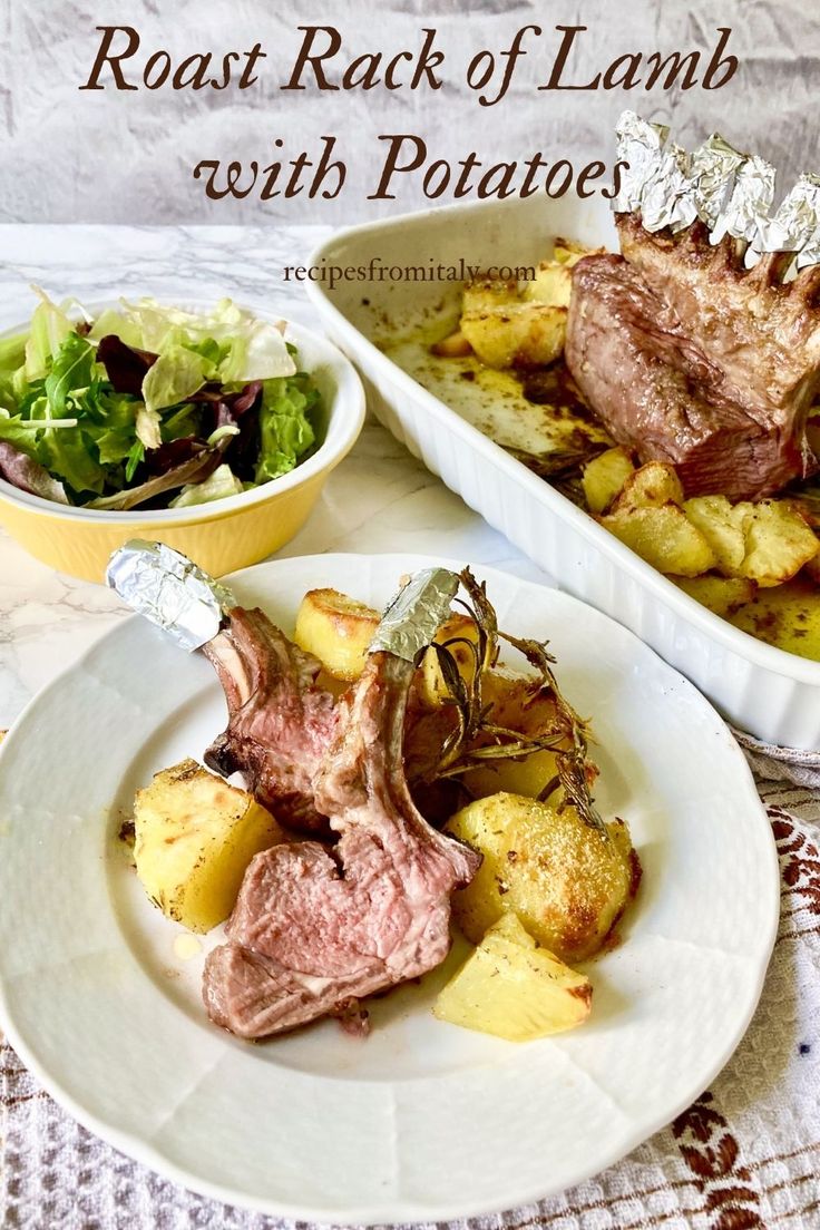 two white dishes filled with meat, potatoes and salad on top of a table cloth