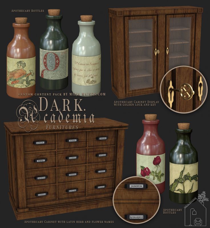 an assortment of bottles and cabinets with labels on them