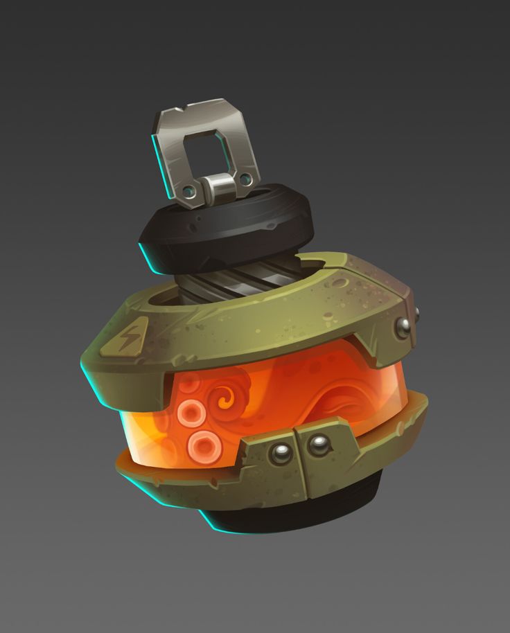 an orange and green object with some metal parts on top of it's head