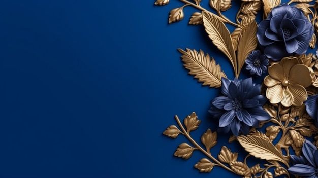 blue and gold flowers on a dark blue background with space for your text or image