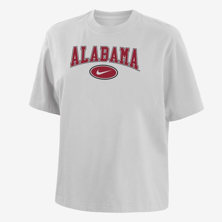 Made with soft cotton, this roomy Alabama tee gives you a relaxed look without feeling too oversized and lets your cheer on your school in comfort. Sporty White Tops For Campus, White Nike T-shirt For Game Day, White Cotton Tops For Campus, College Style Crew Neck T-shirt For College Events, Casual Cropped T-shirt With Letter Print For College, White Letter Print Tops For Campus, Collegiate Short Sleeve Tops For Campus, White Crew Neck T-shirt For College Events, Nike White T-shirt For Game Day