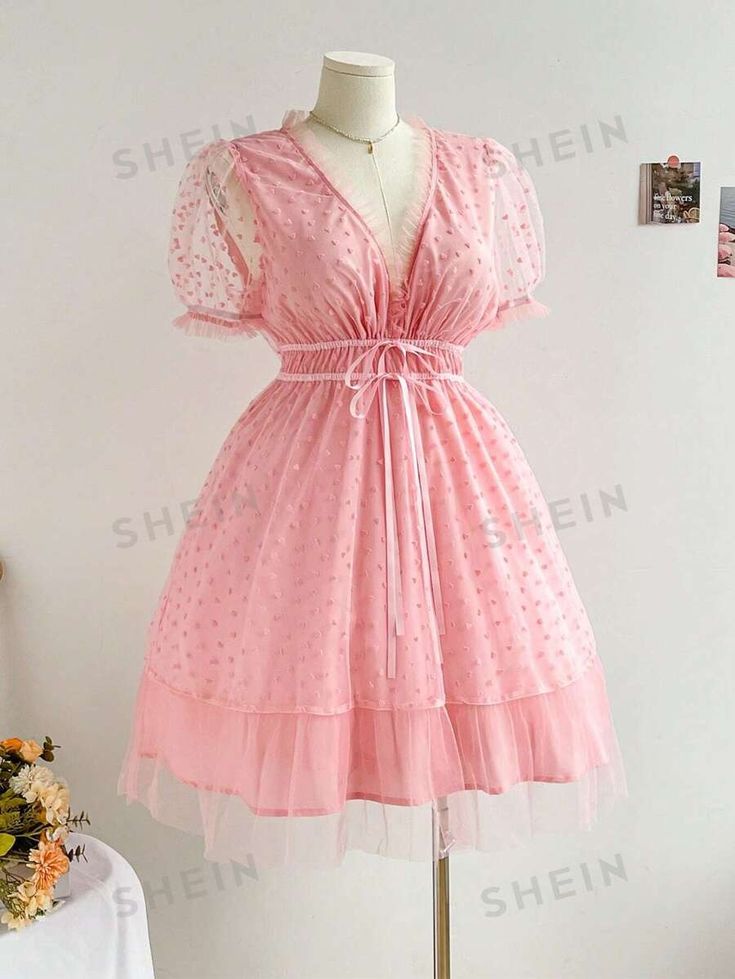 SHEIN WYWH Plus Size Summer Sweetheart Fluffy Mesh Bubble Sleeve Waist Belted Dress | SHEIN USA Apple Shape Dress, Dresses For Apple Shape, Apple Shaped, Bubble Sleeve, Empire Waist Dress, Plus Size Summer, Belted Dress, Cute Pink, Empire Waist