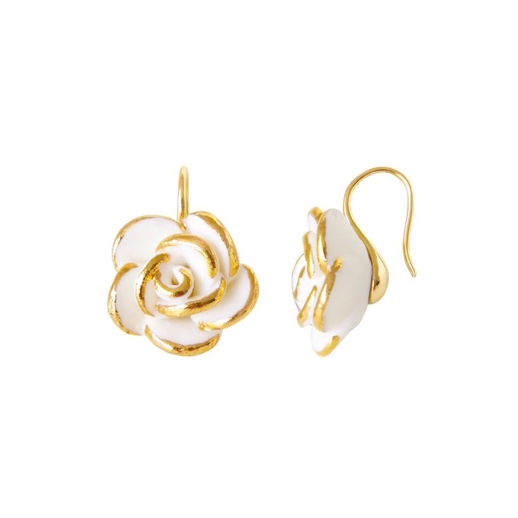 Our lovely white cloud roses are inspired from the beautiful English garden. Delicate and lovingly handcrafted, the roses experienced 3 times of kiln firing, for more than 20 hours, with temperature reaching 1280°C. The rose petals are hand-painted with gold lustre. Earrings come with gold plated silver ear hooks. MATERIALHandmade porcelain rosesGold lustreGold plated silver SIZE & FIT17mm x 23mm x 17mmCOLOUR White, goldWEIGHT5g/pairHandmade in Denmark. Gold- or silver-plated colour will fade ov Formal White Jewelry With Rose Design, Formal White Rose Design Jewelry, Luxury White Flower Earrings For Formal Occasions, White Flower-shaped Earrings With Rose Design, White Flower Earrings With Rose Design, Luxury White Flower Earrings, Luxury White Diamond Flower Earrings, Elegant Rose Flower Earrings, Luxury Handmade White Earrings