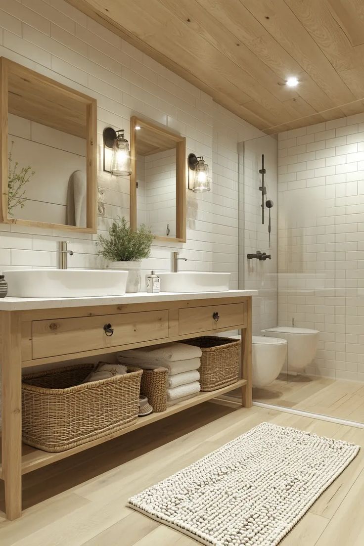 a bathroom with two sinks, a toilet and a rug on the floor in front of it