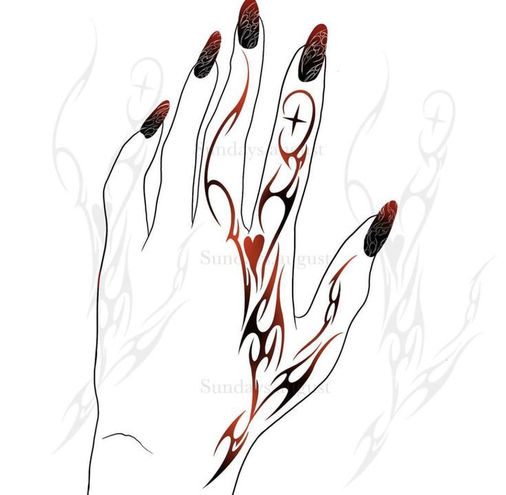 a hand with red and black designs on it