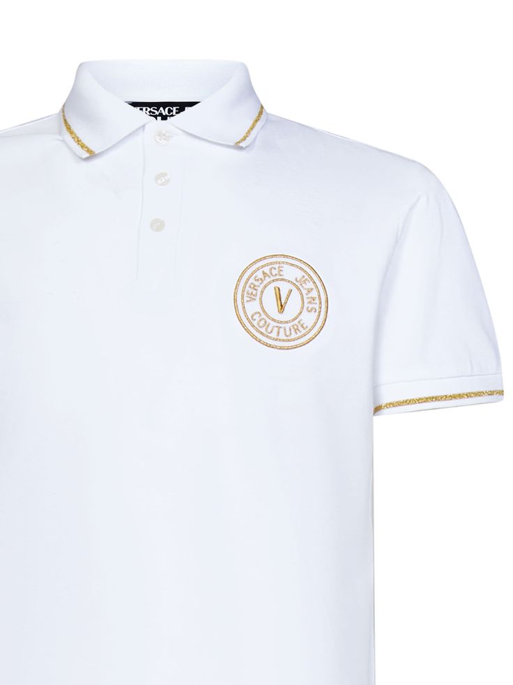 V-emblem Polo Shirt Luxury Short Sleeve Polo Shirt, Designer Polo Shirt With Embroidered Logo, Luxury Cotton Tops With Logo, Luxury Cotton Polo Shirt, Luxury Gold Short Sleeve Tops, Luxury White Tops With Logo, Luxury Polo Collar Top With Embroidered Logo, Luxury Short Sleeve Top With Designer Logo, Luxury White Tops With Embroidered Logo