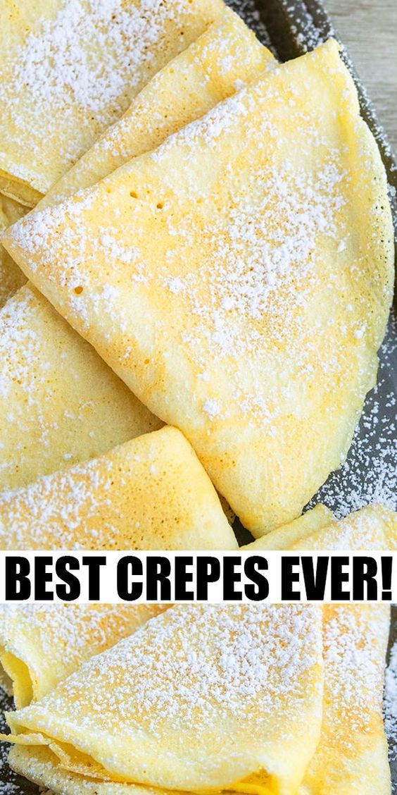 some crepes are on a plate with powdered sugar and the words best crepes ever