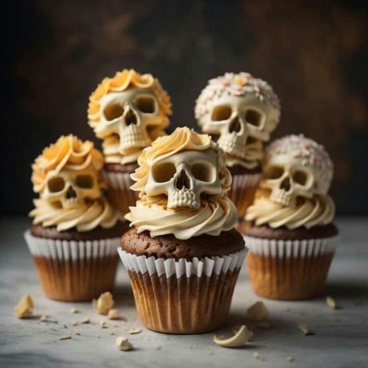 cupcakes with frosting and skulls on them are sitting in front of each other