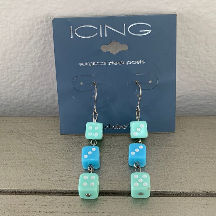 Dice Earrings Never Worn Blue Dangle Jewelry With A Fun Style, Blue Hypoallergenic Fun Jewelry, Blue Fun Dangle Jewelry, Fun Blue Nickel-free Jewelry, Blue Drop Earrings Fun Style, Fun Blue Dangle Jewelry, Fun Blue Jewelry With Matching Earrings, Blue Fun Drop Earrings, Playful Blue Nickel-free Jewelry