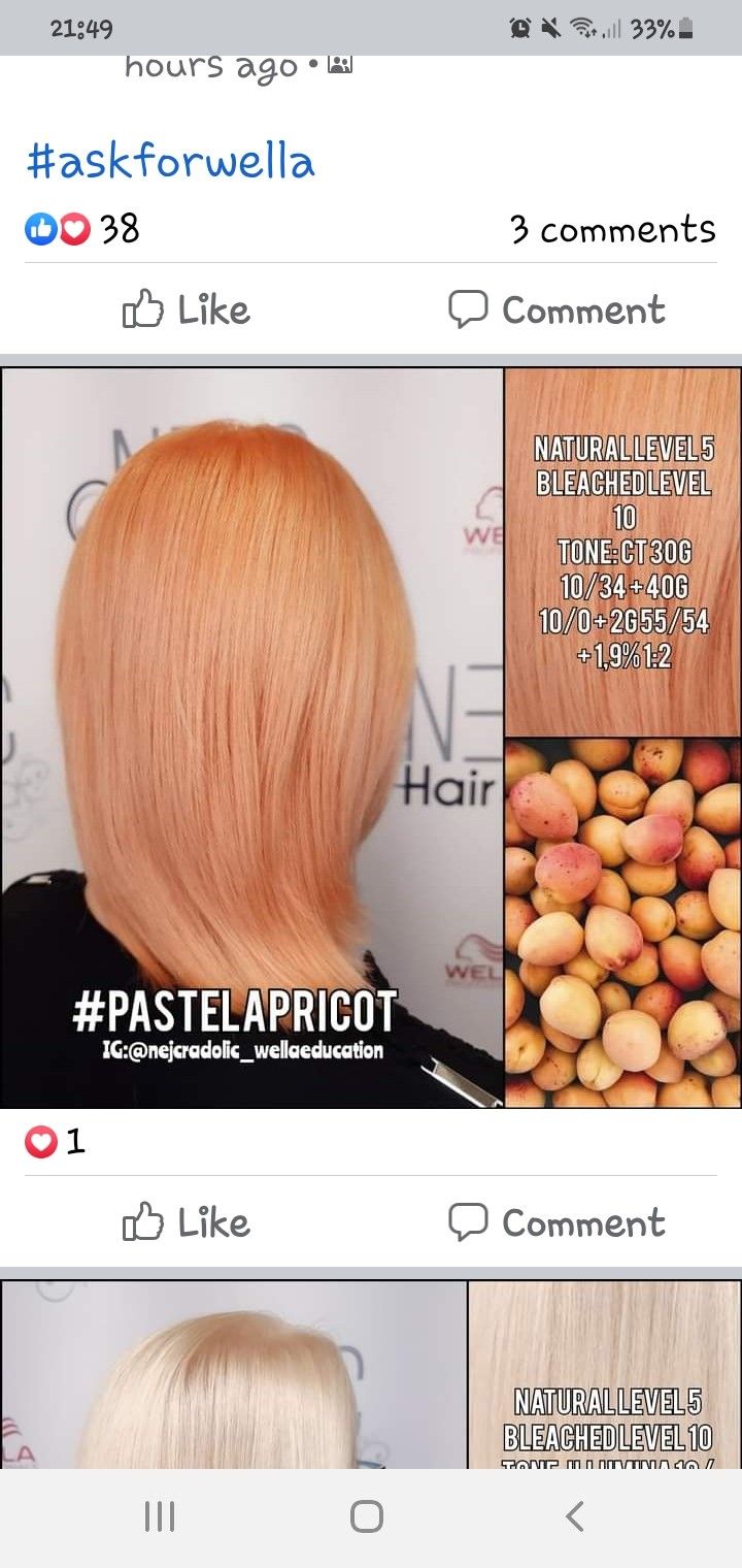 Blorange Hair Formula, Apricot Hair Color, Rose Gold Formula, Toning Formulas, Apricot Hair, Blorange Hair, Hair Formulas, Wella Toner, Peach Hair Colors