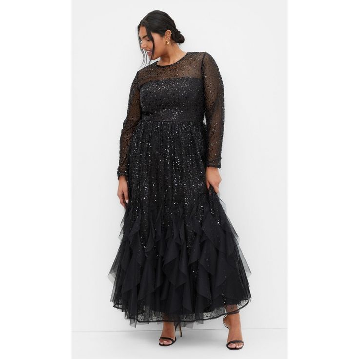 Our Schiffer Maxi Dress will have you flaunting a glamorous evening look, featuring a beautiful soft gold hue and all-over sequin fabrication. Catching the light wherever it goes, this occasion dress is perfect for red carpets and milestone events alike. Bold and fiercely fashionable, no one does plus size fashion like City Chic. Loved around the globe for its diverse range of fashion-forward styles for any occasion. From show-stopping evening gowns to workwear and casualwear, City Chic will tak Black Plus Size Formal Dress, Winter Outdoor Wedding Guest Dress, Black Black Tie Dress, All Black Wedding Guest Attire, Plus Size Black Tie Event Dresses, Black Long Dress Outfit, Hollywood Party Outfit, Christmas Dress Plus Size, Outdoor Wedding Guest Dresses