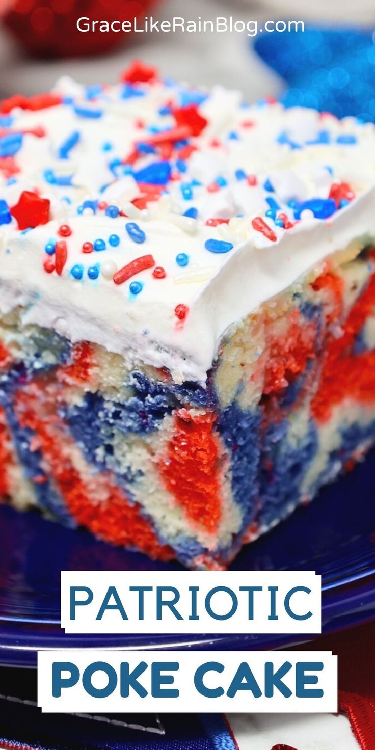 patriotic poke cake on a blue plate with red, white and blue sprinkles